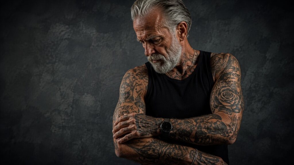Alter Mann mit vielen Tattoos