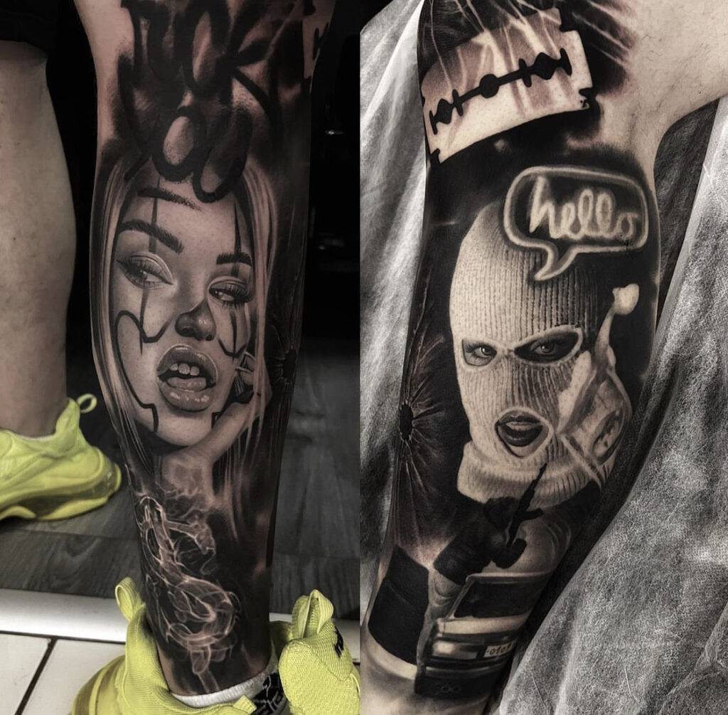 Chicano Tattoo im Black and Grey Stil mit zwei Frauen Chicano Tattoo im Black and Grey Stil mit zwei Frauen