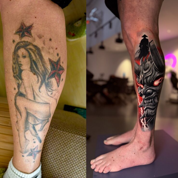 Tattoo-Fail auf der Wade der durch einen Samurai Cover-Up Tattoo verbessert wurde Tattoo-Fail auf der Wade der durch einen Samurai Cover-Up Tattoo verbessert wurde