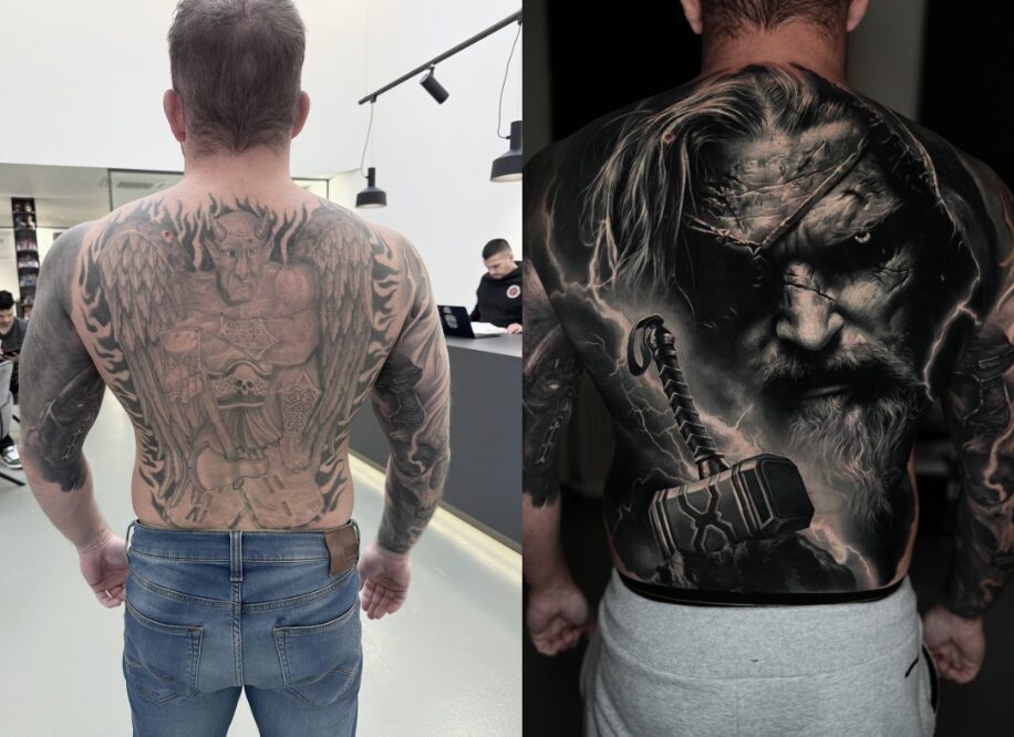 Thor Cover Up das einen Teufel Tattoo-Fail auf dem Rücken überdeckt Thor Cover Up das einen Teufel Tattoo-Fail auf dem Rücken überdeckt