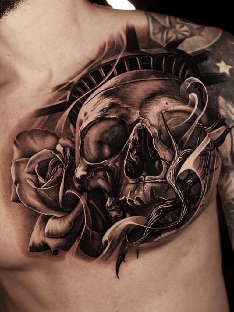 3D Realistic Tattoo von einem Totenkopf auf der Brust im Black und Grey Stil 3D Realistic Tattoo von einem Totenkopf auf der Brust im Black und Grey Stil